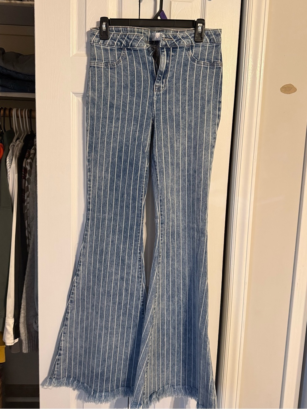 Cello Blue Pinstripe Flare Jeans